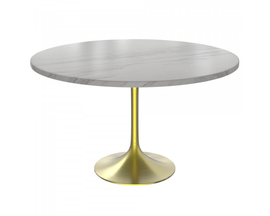 LeisureMod Verve Modern 48" Round Dining Table with Stone Top and Brushed Gold Pedestal Base - White