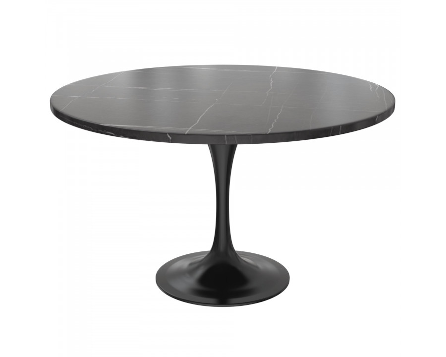 LeisureMod Verve Modern 48" Round Dining Table with Stone Top and Black Steel Pedestal Base - Black