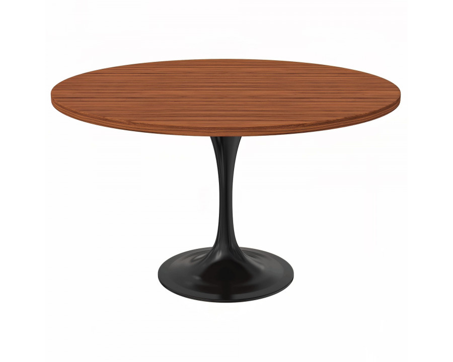 LeisureMod Verve Modern 48" Round Dining Table with MDF Top and Black Steel Pedestal Base - Cognac Brown