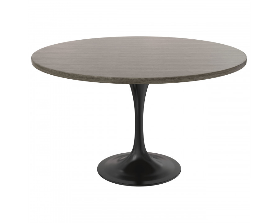 LeisureMod Verve Modern 48" Round Dining Table with MDF Top and Black Steel Pedestal Base - Dark Maple