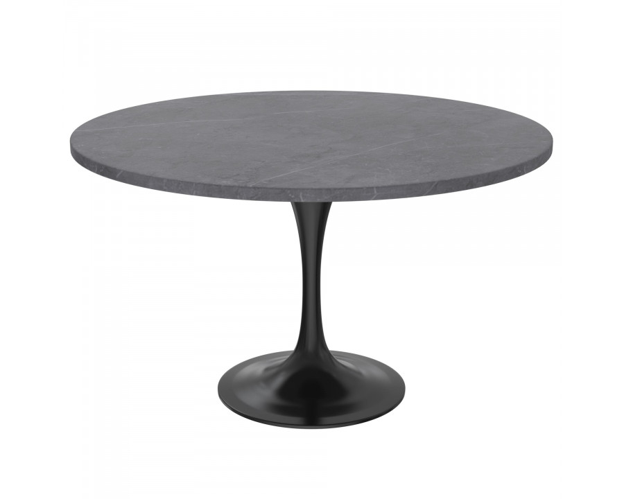 LeisureMod Verve Modern 48" Round Dining Table with Stone Top and Black Steel Pedestal Base - Gray