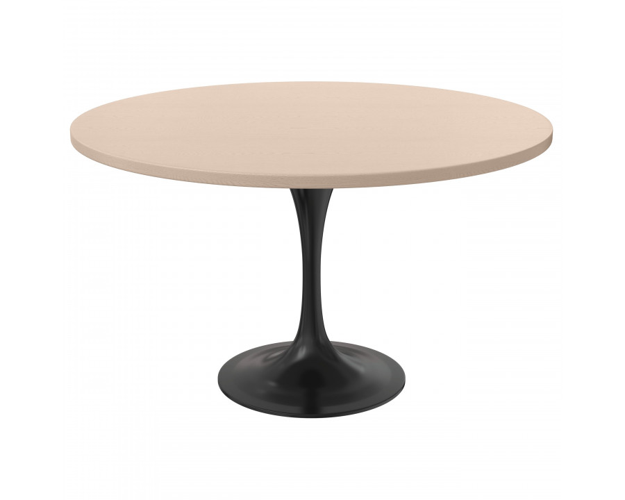 LeisureMod Verve Modern 48" Round Dining Table with MDF Top and Black Steel Pedestal Base - Light Natural Wood