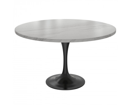 LeisureMod Verve Modern 48" Round Dining Table with Stone Top and Brushed Gold Pedestal Base