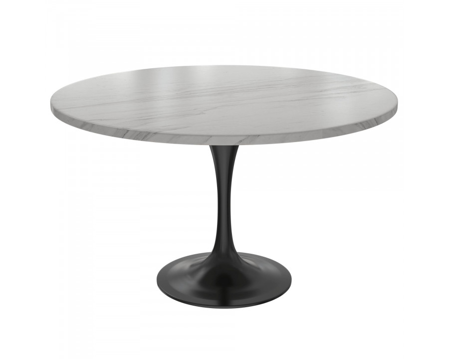 LeisureMod Verve Modern 48" Round Dining Table with Stone Top and Black Steel Pedestal Base - White