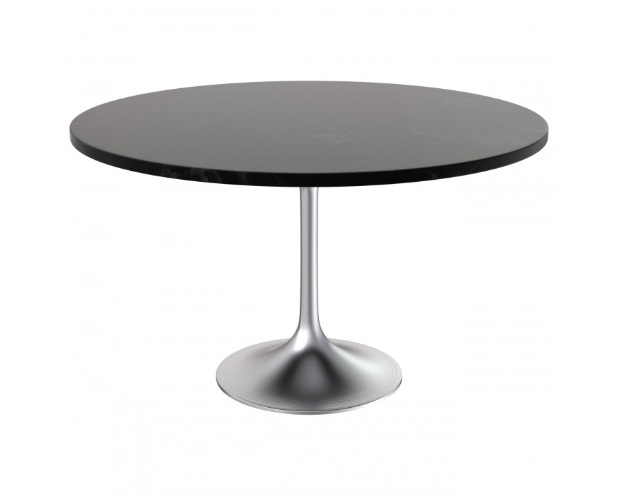 LeisureMod Verve Modern 48" Round Dining Table with MDF Top and Brushed Chrome Pedestal Base - Black