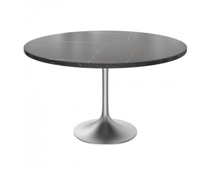 LeisureMod Verve Modern 48" Round Dining Table with Stone Top and Brushed Gold Pedestal Base