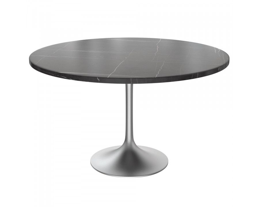 LeisureMod Verve Modern 48" Round Dining Table with Stone Top and Brushed Chrome Steel Pedestal Base - Black