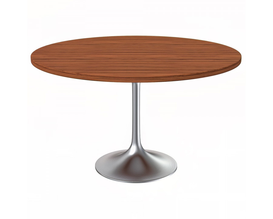 LeisureMod Verve Modern 48" Round Dining Table with MDF Top and Brushed Chrome Pedestal Base - Cognac Brown