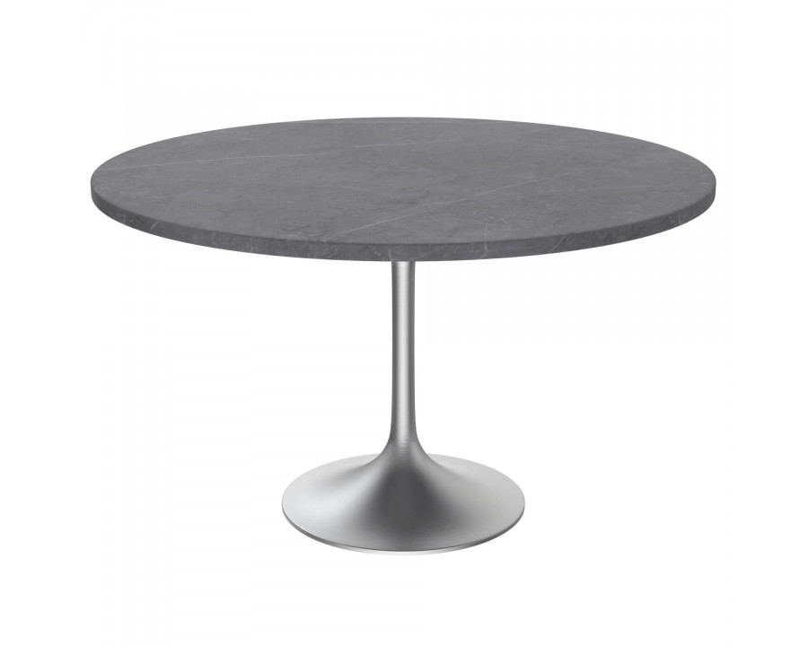 LeisureMod Verve Modern 48" Round Dining Table with Stone Top and Brushed Chrome Steel Pedestal Base - Gray