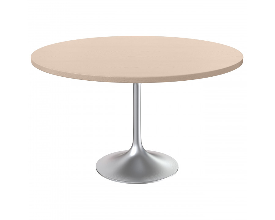 LeisureMod Verve Modern 48" Round Dining Table with MDF Top and Brushed Chrome Pedestal Base - Light Natural Wood