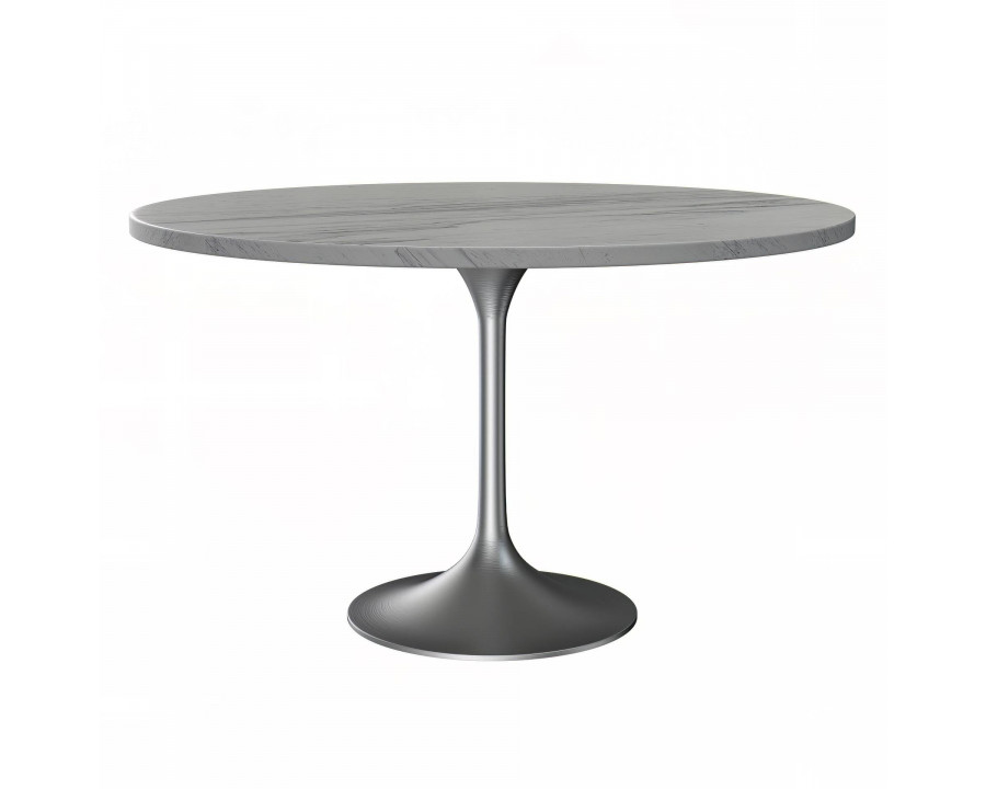 LeisureMod Verve Modern 48" Round Dining Table with Resin Top and Brushed Chrome Steel Pedestal Base - White