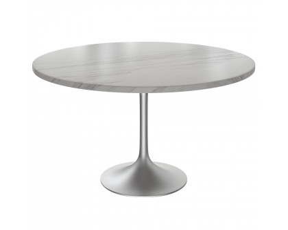 LeisureMod Verve Modern 48" Round Dining Table with Stone Top and Brushed Gold Pedestal Base