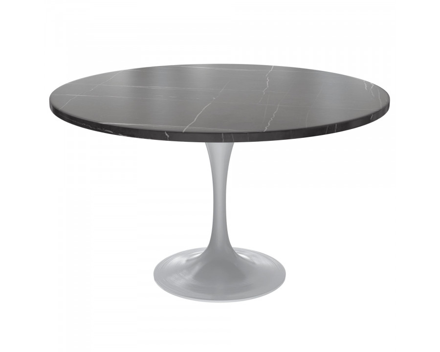 LeisureMod Verve Modern 48" Round Dining Table with Stone Top and White Steel Pedestal Base - Black