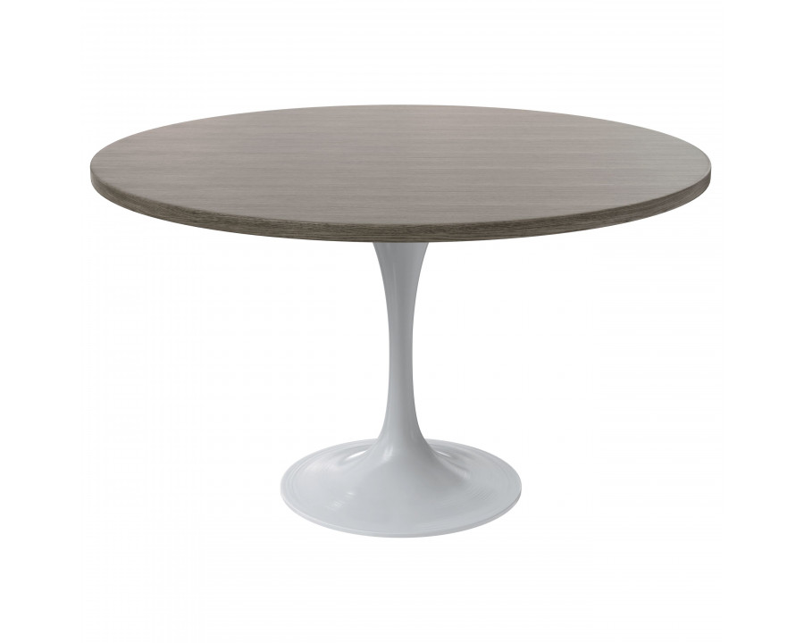 LeisureMod Verve Modern Round Dining Table with 48" MDF Tabletop and White Steel Pedestal Base - Dark Maple