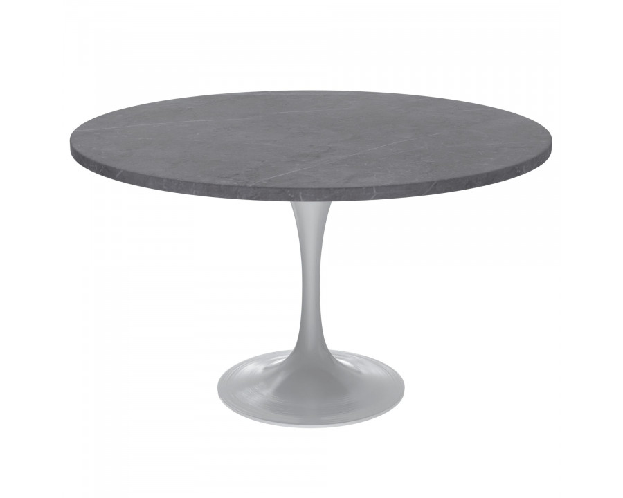 LeisureMod Verve Modern 48" Round Dining Table with Stone Top and White Steel Pedestal Base - Gray