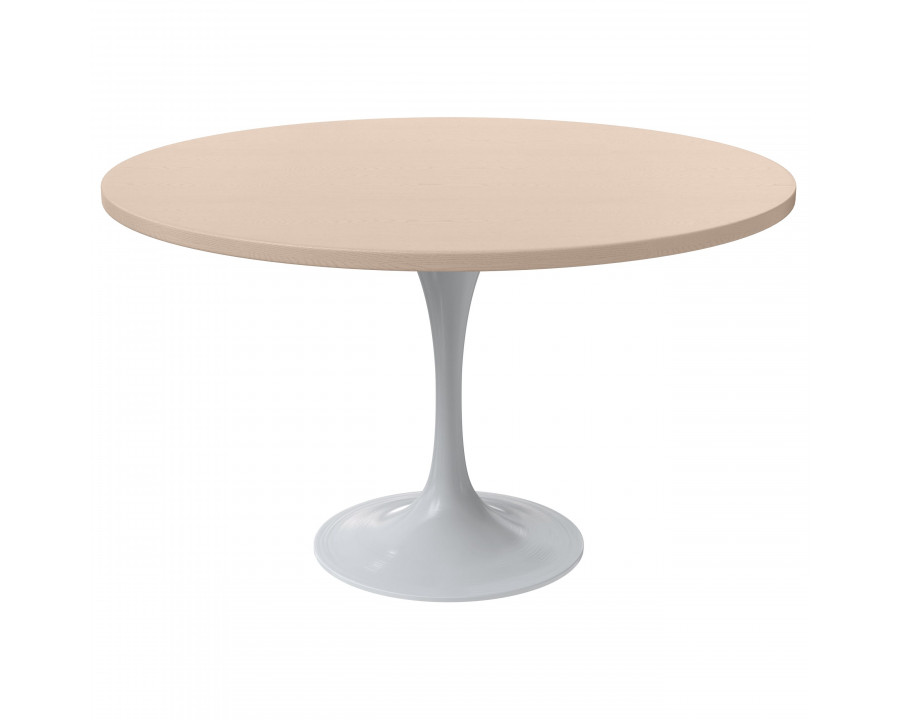 LeisureMod Verve Modern Round Dining Table with 48" MDF Tabletop and White Steel Pedestal Base - Light Natural Wood