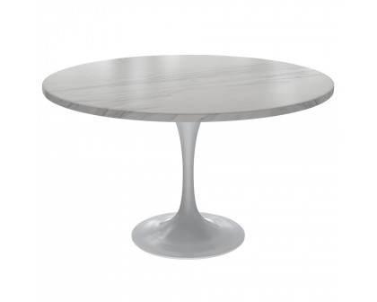 LeisureMod Verve Modern 48" Round Dining Table with Stone Top and Brushed Gold Pedestal Base