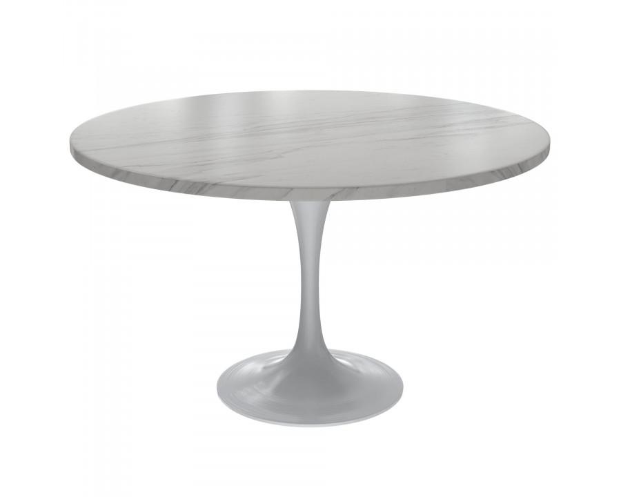 LeisureMod Verve Modern 48" Round Dining Table with Stone Top and White Steel Pedestal Base - White