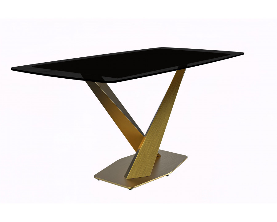 LeisureMod Voren Modern Dining Table with 55" Rectangular Glass Top and Gold Stainless Steel Base - Black