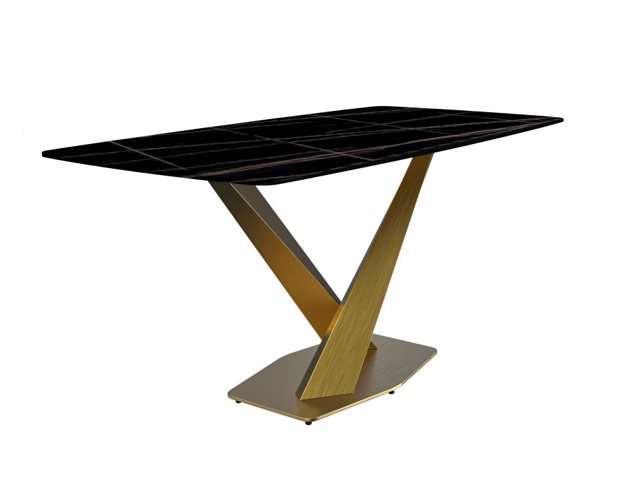 LeisureMod Voren Modern Dining Table with 55" Rectangular Sintered Stone Top and Gold Stainless Steel Base - Black/Gold