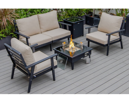 LeisureMod Walbrooke Modern Black Patio Conversation With Square Fire Pit & Tank Holder