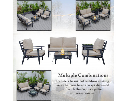 LeisureMod Walbrooke Modern Black Patio Conversation With Square Fire Pit & Tank Holder - Beige