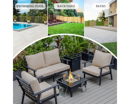 LeisureMod Walbrooke Modern Black Patio Conversation With Square Fire Pit & Tank Holder - Beige