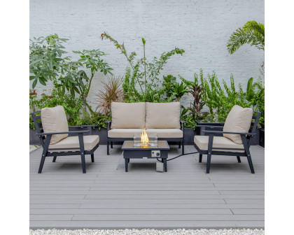 LeisureMod Walbrooke Modern Black Patio Conversation With Square Fire Pit & Tank Holder - Beige