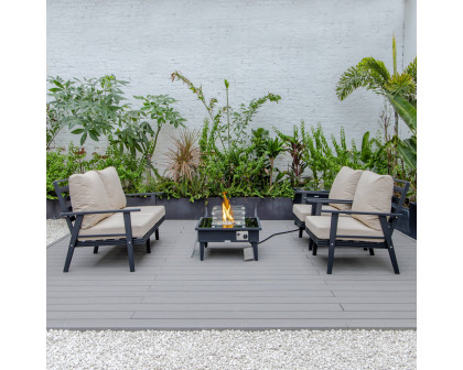 LeisureMod Walbrooke Modern Black Patio Conversation With Square Fire Pit & Tank Holder - Beige