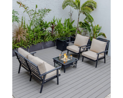 LeisureMod Walbrooke Modern Black Patio Conversation With Square Fire Pit & Tank Holder - Beige