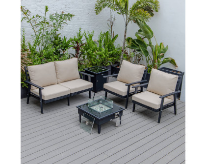 LeisureMod Walbrooke Modern Black Patio Conversation With Square Fire Pit & Tank Holder - Beige