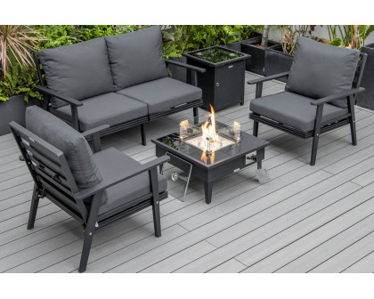 LeisureMod Walbrooke Modern Black Patio Conversation With Square Fire Pit & Tank Holder