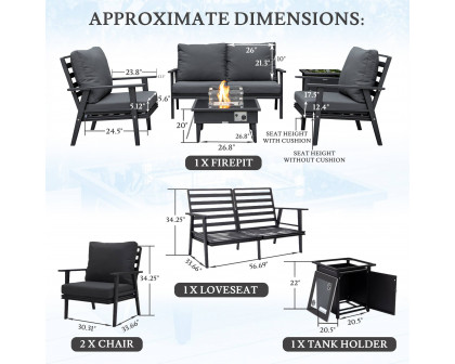 LeisureMod Walbrooke Modern Black Patio Conversation With Square Fire Pit & Tank Holder - Charcoal