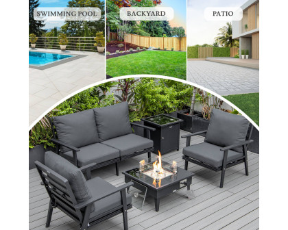 LeisureMod Walbrooke Modern Black Patio Conversation With Square Fire Pit & Tank Holder - Charcoal