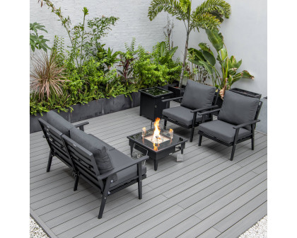 LeisureMod Walbrooke Modern Black Patio Conversation With Square Fire Pit & Tank Holder - Charcoal