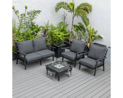 LeisureMod Walbrooke Modern Black Patio Conversation With Square Fire Pit & Tank Holder - Charcoal