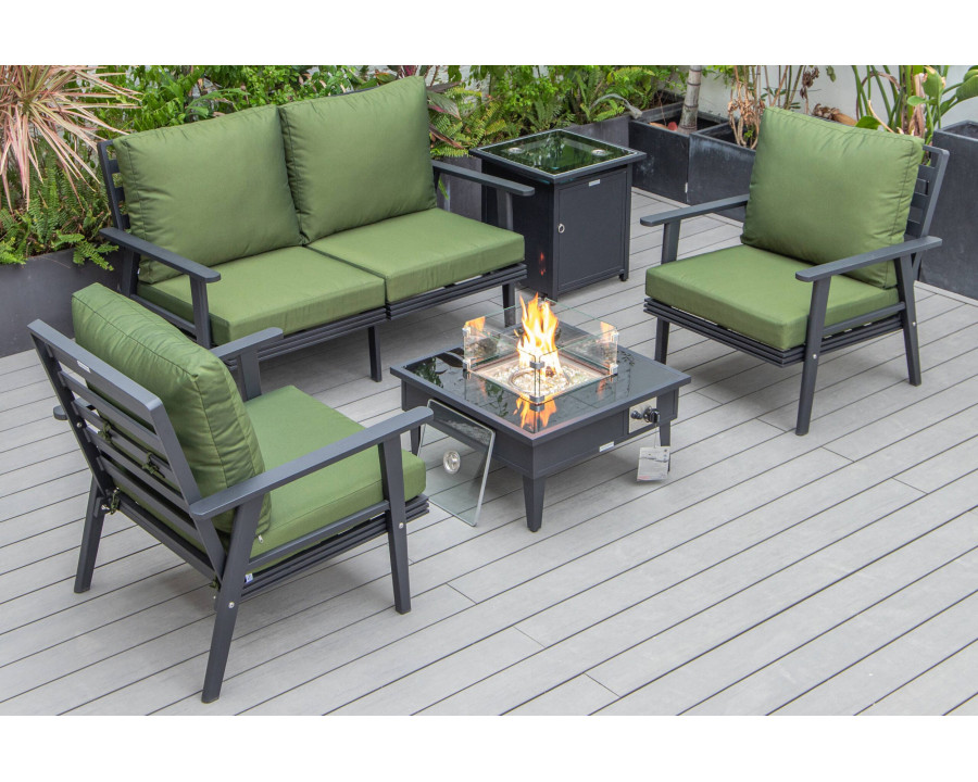 LeisureMod Walbrooke Modern Black Patio Conversation With Square Fire Pit & Tank Holder - Green