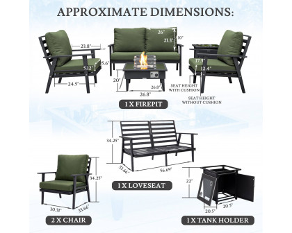 LeisureMod Walbrooke Modern Black Patio Conversation With Square Fire Pit & Tank Holder - Green