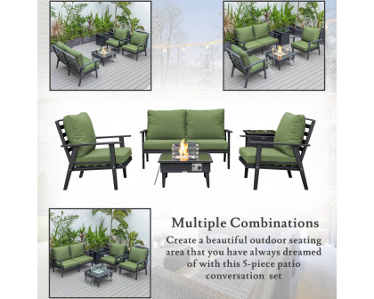 LeisureMod Walbrooke Modern Black Patio Conversation With Square Fire Pit & Tank Holder - Green