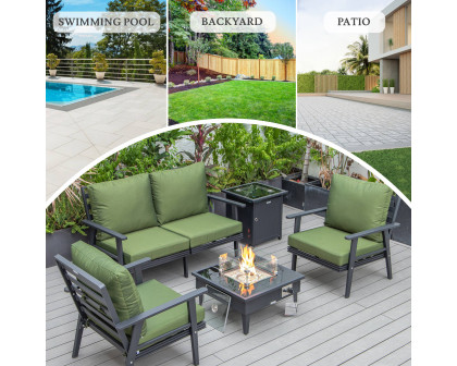 LeisureMod Walbrooke Modern Black Patio Conversation With Square Fire Pit & Tank Holder - Green