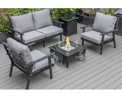 LeisureMod Walbrooke Modern Black Patio Conversation With Square Fire Pit & Tank Holder