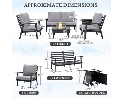 LeisureMod Walbrooke Modern Black Patio Conversation With Square Fire Pit & Tank Holder - Gray