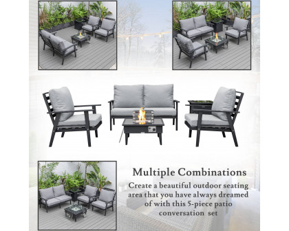 LeisureMod Walbrooke Modern Black Patio Conversation With Square Fire Pit & Tank Holder - Gray