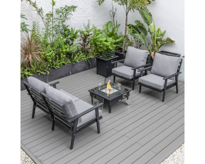 LeisureMod Walbrooke Modern Black Patio Conversation With Square Fire Pit & Tank Holder - Gray