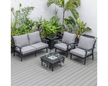 LeisureMod Walbrooke Modern Black Patio Conversation With Square Fire Pit & Tank Holder - Gray