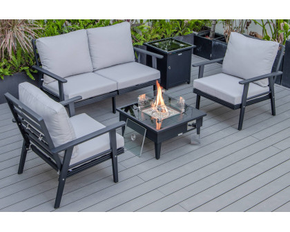 LeisureMod Walbrooke Modern Black Patio Conversation With Square Fire Pit & Tank Holder