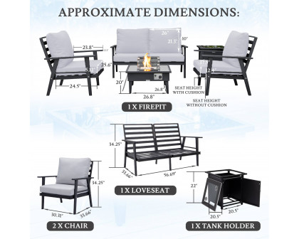 LeisureMod Walbrooke Modern Black Patio Conversation With Square Fire Pit & Tank Holder - Light Gray