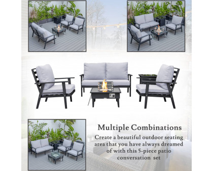 LeisureMod Walbrooke Modern Black Patio Conversation With Square Fire Pit & Tank Holder - Light Gray