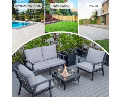 LeisureMod Walbrooke Modern Black Patio Conversation With Square Fire Pit & Tank Holder - Light Gray