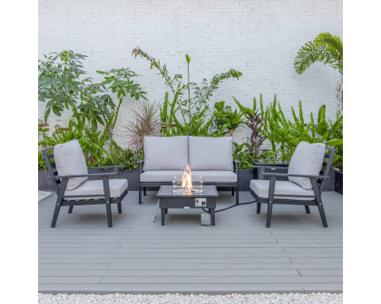 LeisureMod Walbrooke Modern Black Patio Conversation With Square Fire Pit & Tank Holder - Light Gray